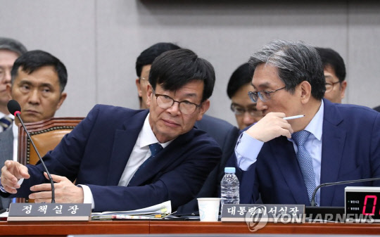 6일 국회 운영위원회에 참석한 노영민 대통령 비서실장이 김상조 정책실장과 얘기를 나누고 있다.(사진=연합뉴스)